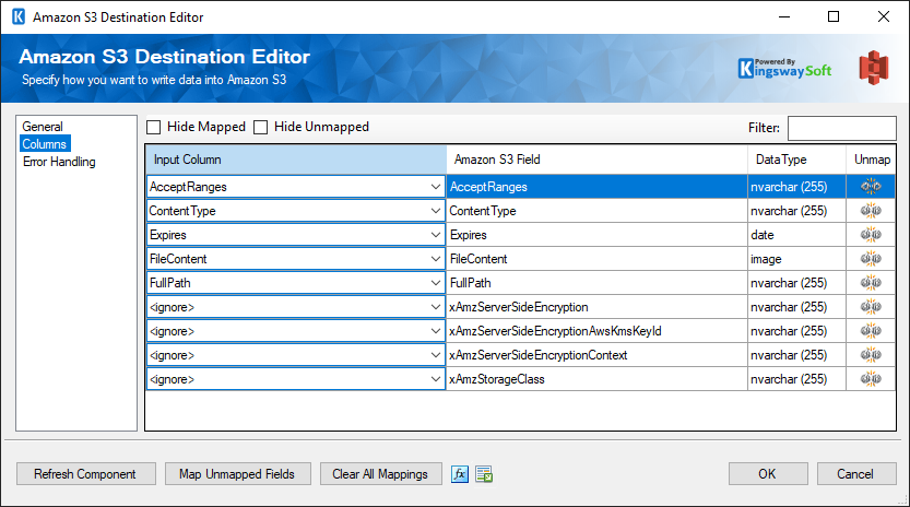 SSIS AWS S3 Destination - Columns